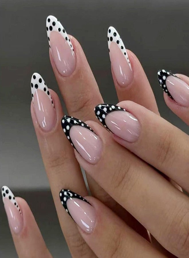 OSTTMA 24Pcs Polka Dot Press on Nails French Tip Fake Nails Medium Almond False Nail with Designs Black White Polka Dots Acrylic Nail Kit Full Cover Stick on Nails for Women Manicure Decoration - Image 1